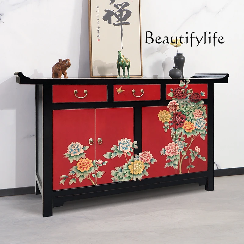 

Hand-Painted Entrance Cabinet Antique Solid Wood Toe-up-Warped Shoes Cabinet Classical Sideboard Cabinet Idyllic and Retro