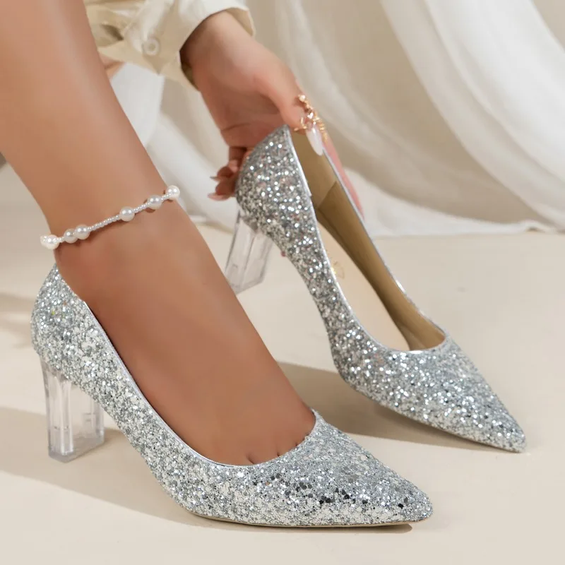 

Summer Women's Fashion Rhinestone High Heel Shoes Shallow Mouth Women's Fashion Work Wedding Party Shoes Low Heel Women's Shoes