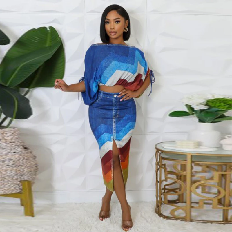 African Fashion Dress Set Women Two Piece Set Denim Look Printed Batwing Sleeve Crop Top And Split Skirt Set Outfits