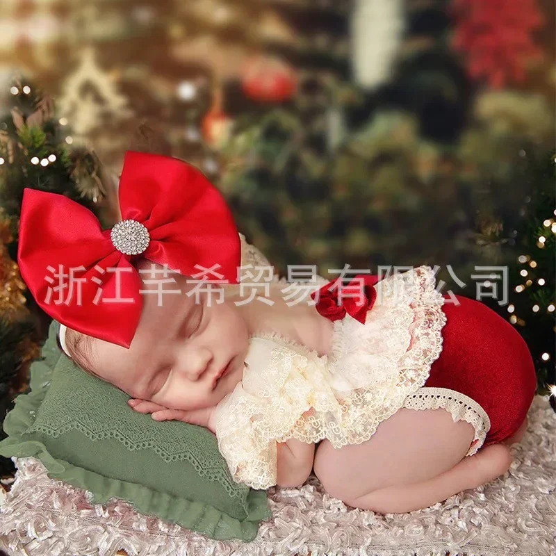 Newborn Christmas Photography Set Baby Rhinestone Butterfly Knot Hair Band Lace Harper 2-piece Photography Prop Set