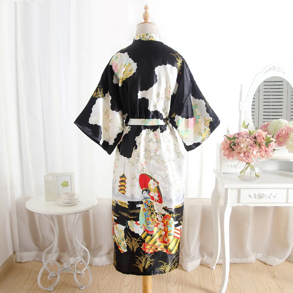 Women Long Satin Bathrobe Bridal Wedding Bride Bridesmaid Kimono Gown Robes Fashion Flower Print Summer Silk SatinSexy Bathrobe