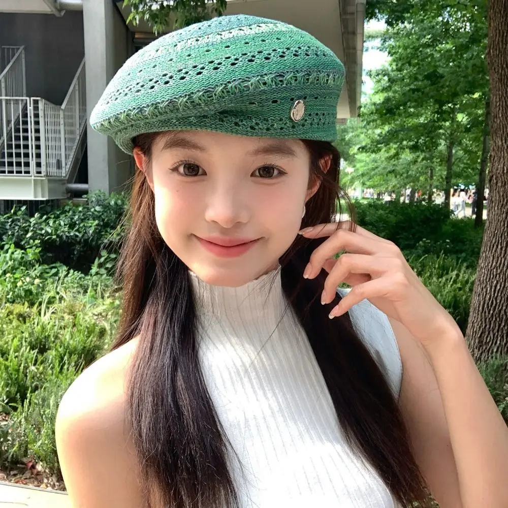 Japanese Style Hollowed Out Beret Hat Vintage Thin Weave Painter Hat Fresh Color Fashionable Crochet Knitted Cap Holiday