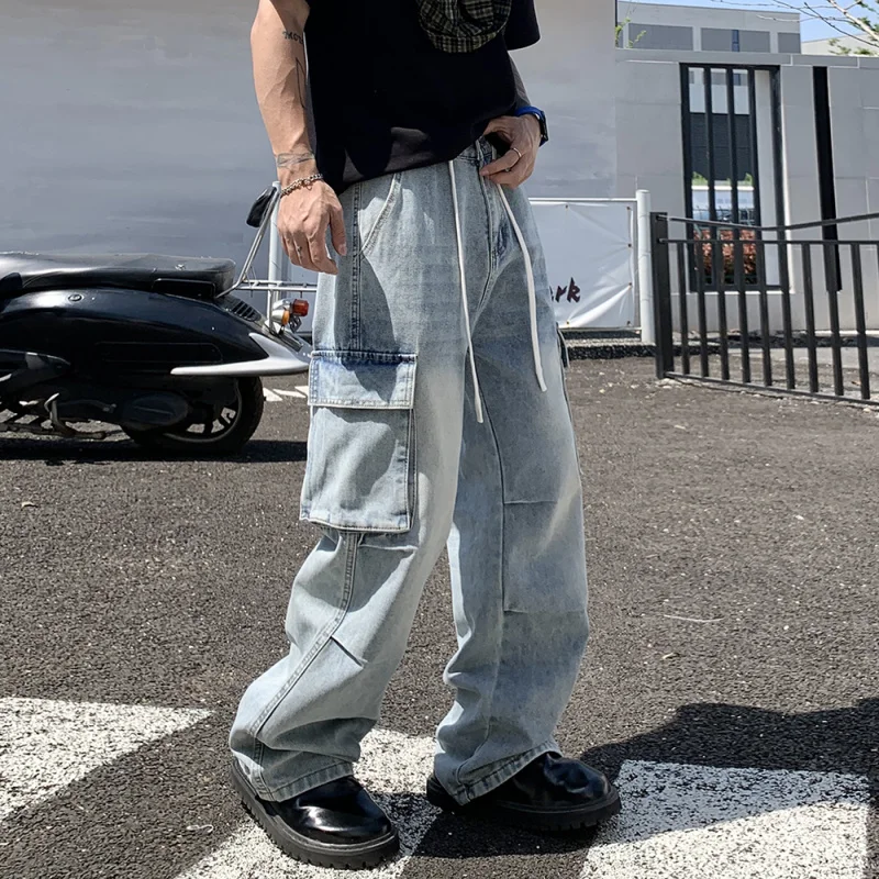 Men's  Washed Cargo Jeans Pants Y2K Streetwear Multi-Pockets Adjustable Drawstring Distressed Vintage Workwear Denim Trousers