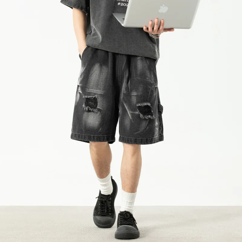 

Men Ripped Holes Denim Shorts Knee Length Shorts Distressed Straight Jeans Spliced Patchwork Pockets Loose Summer Casual