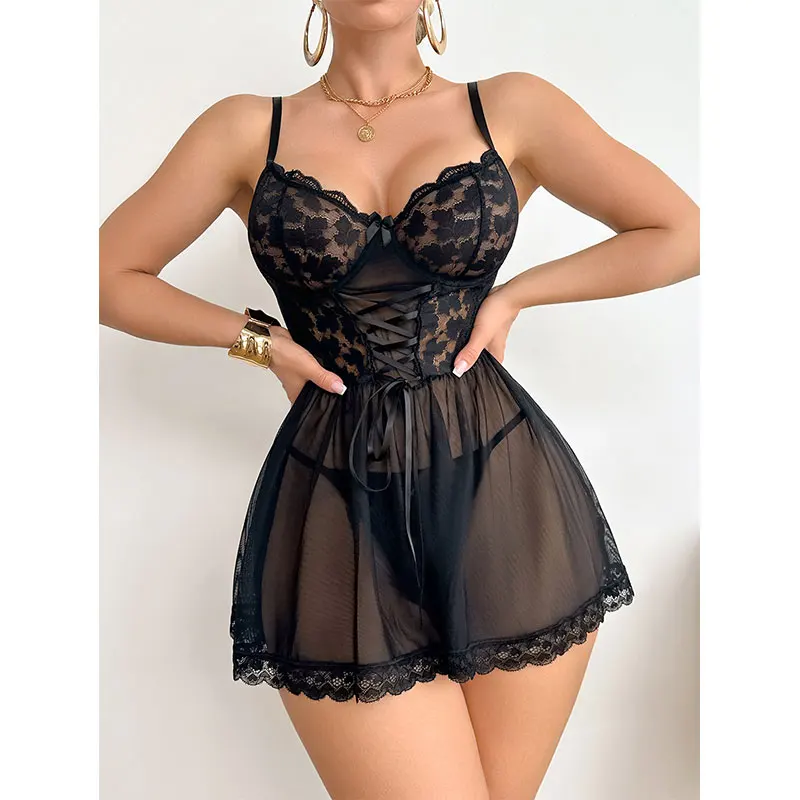 Women's Garter Pajamas Transparent Home Clothing Black Sexy Babydolls Mini Drees Thong Underwear Nightdress Sets With Leg Loop