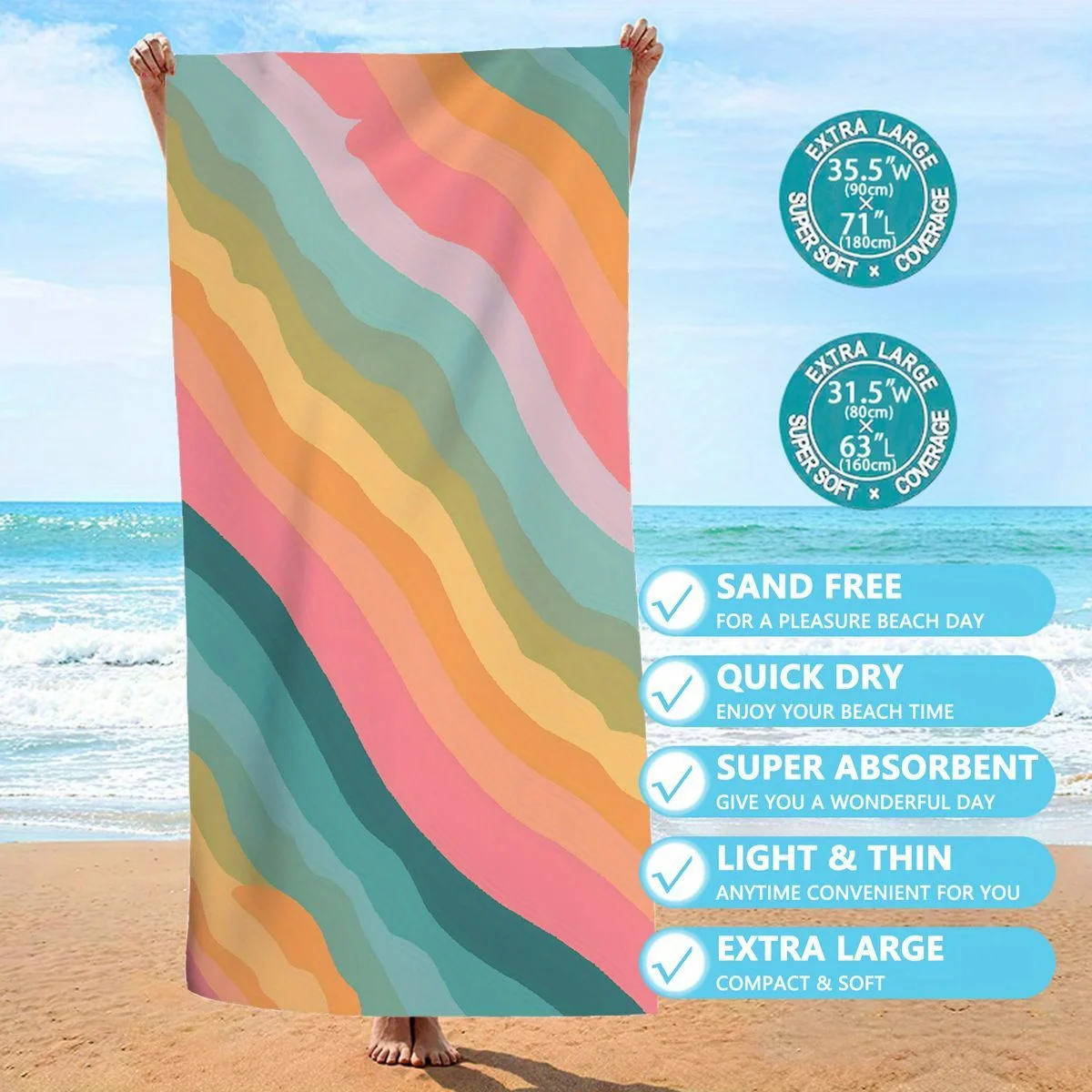 

Extra Large Microfiber Beach Towel - Bright Stripe Design, Quick Drying, Super Absorbent, Lightweight, Perfect for the Beach