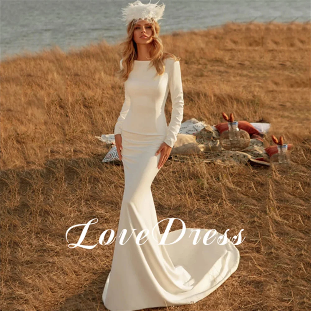 LoveDress-Vestido De Novia De sirena De manga larga para mujer, elegante Vestido De Novia De satén con cuello alto, Espalda descubierta, tren De corte Simple