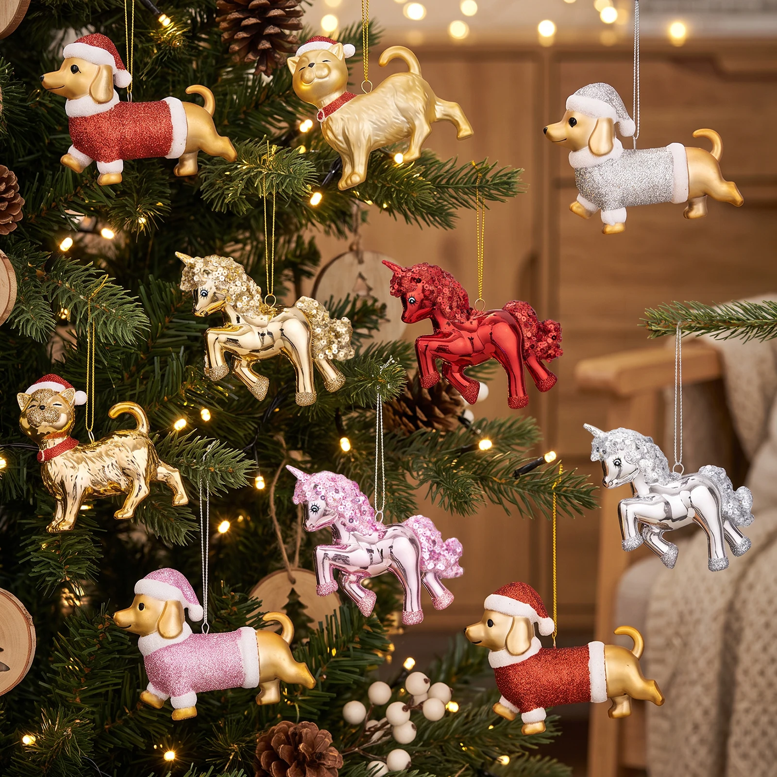 Cute Glitter Dachshund Unicorn Cat Christmas Tree Ornaments Santa Hat Pet Animal Hanging Pendants New Year Home Decor Gift