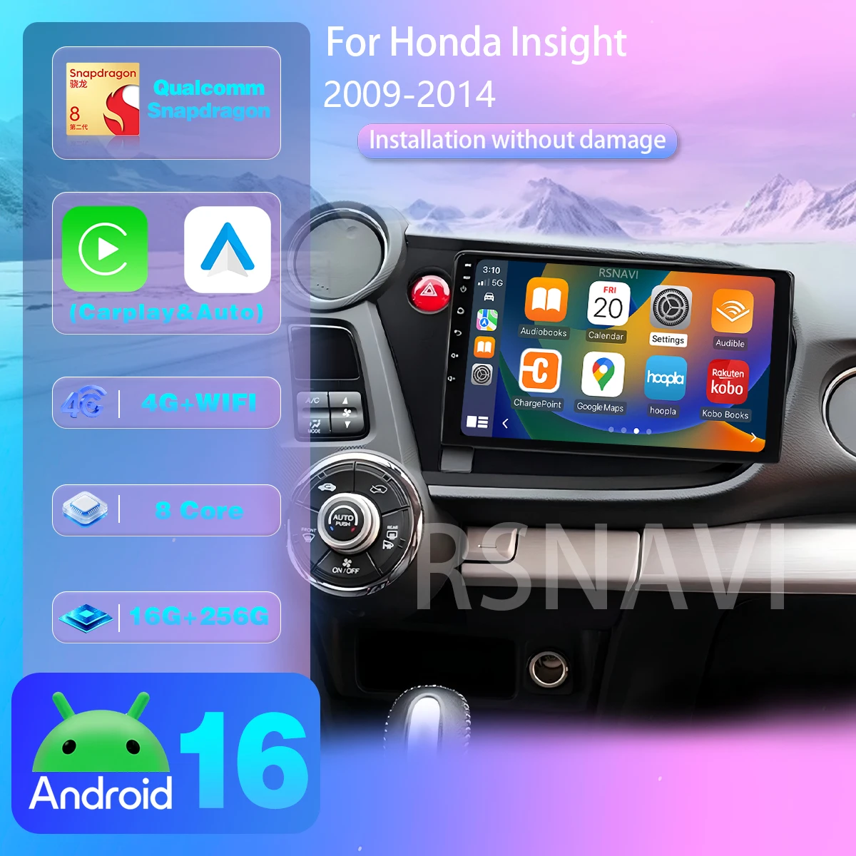 RSNAVI Android 16 For HONDA INSIGHT 2009 - 2014 Carplay Auto Car Radio Multimedia Player Snapdragon Autoradio GPS Stereo WIFI+4G