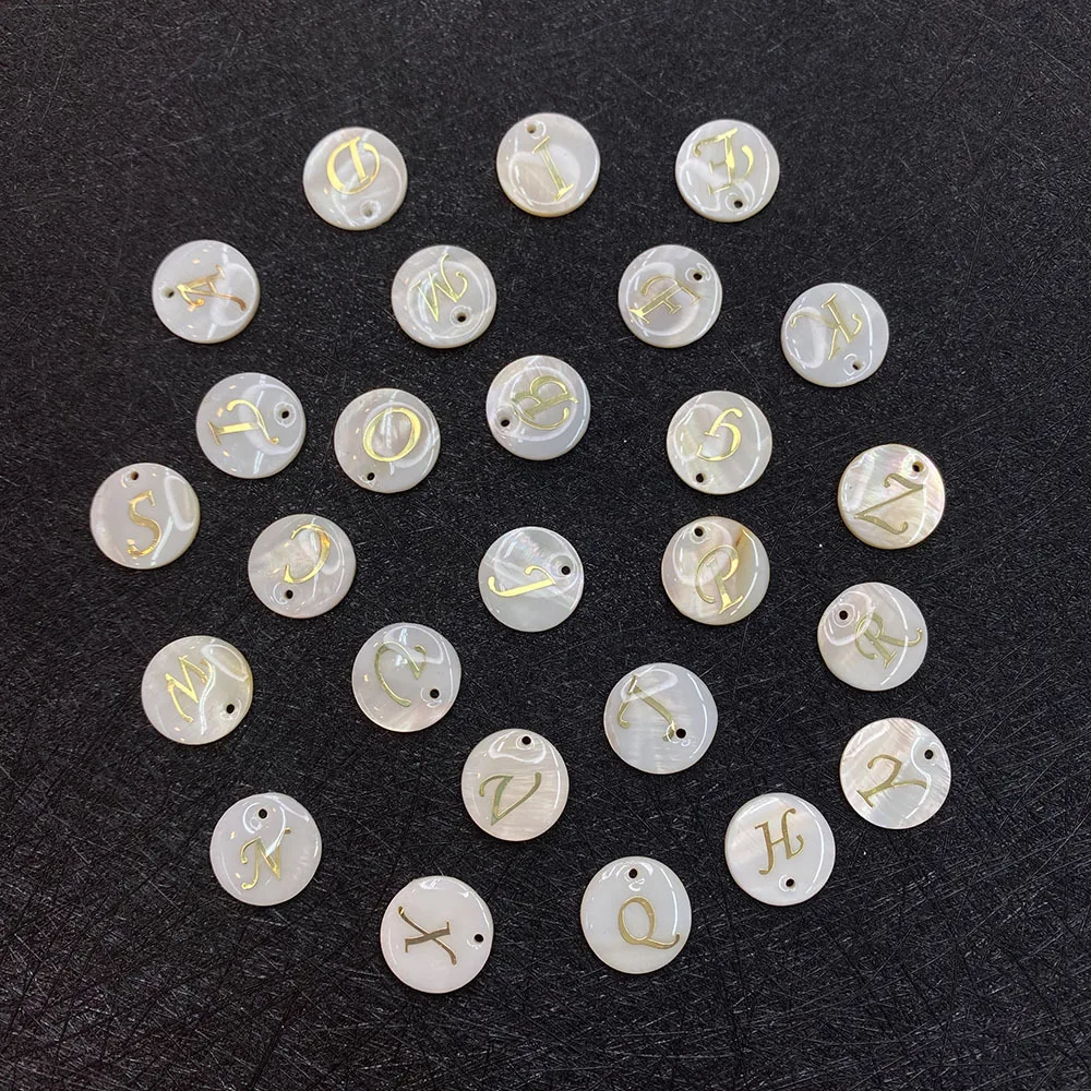 15mm Diameter Natural Shell White Circular Sheet Golden Glaze English Letters Scattered Beads DIY Necklace Accessory Component