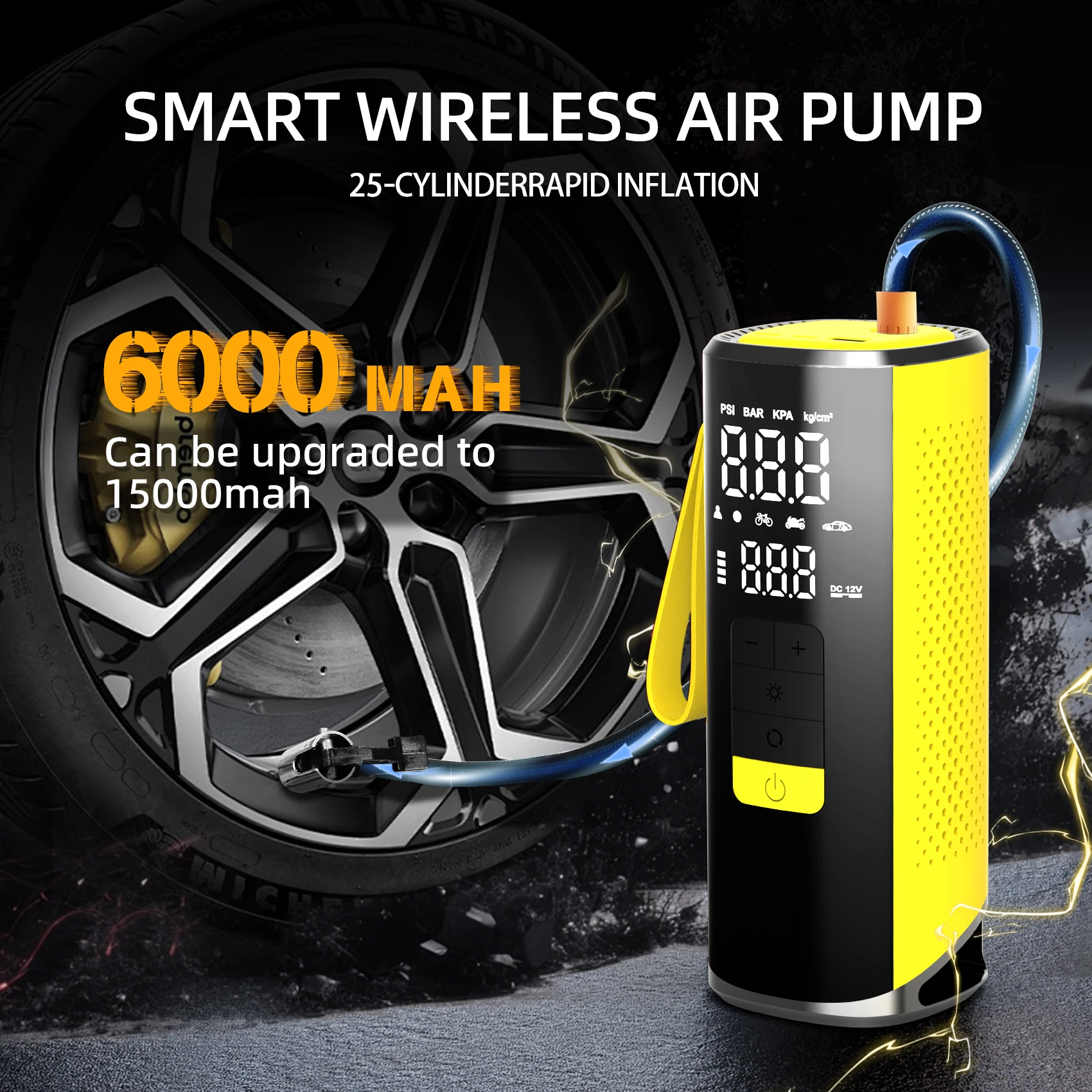 Multifunctional Car Tire Air Pump Built-in LED Emergency Light Night Repair Inflation Lighting Warning Inflator