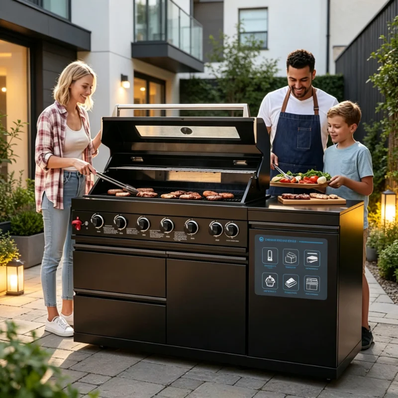 Customized 304 Stainless Steel 4 Burner Grill with Single Side Oven Powder Coated Finish for Outdoor BBQ Cooking