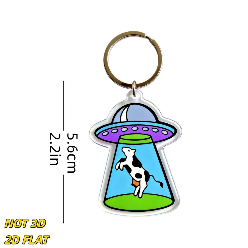 2D Flat UFO Cow Keychain – Blue Acrylic Lightweight, Fun Alien Theme Novelty Accessory