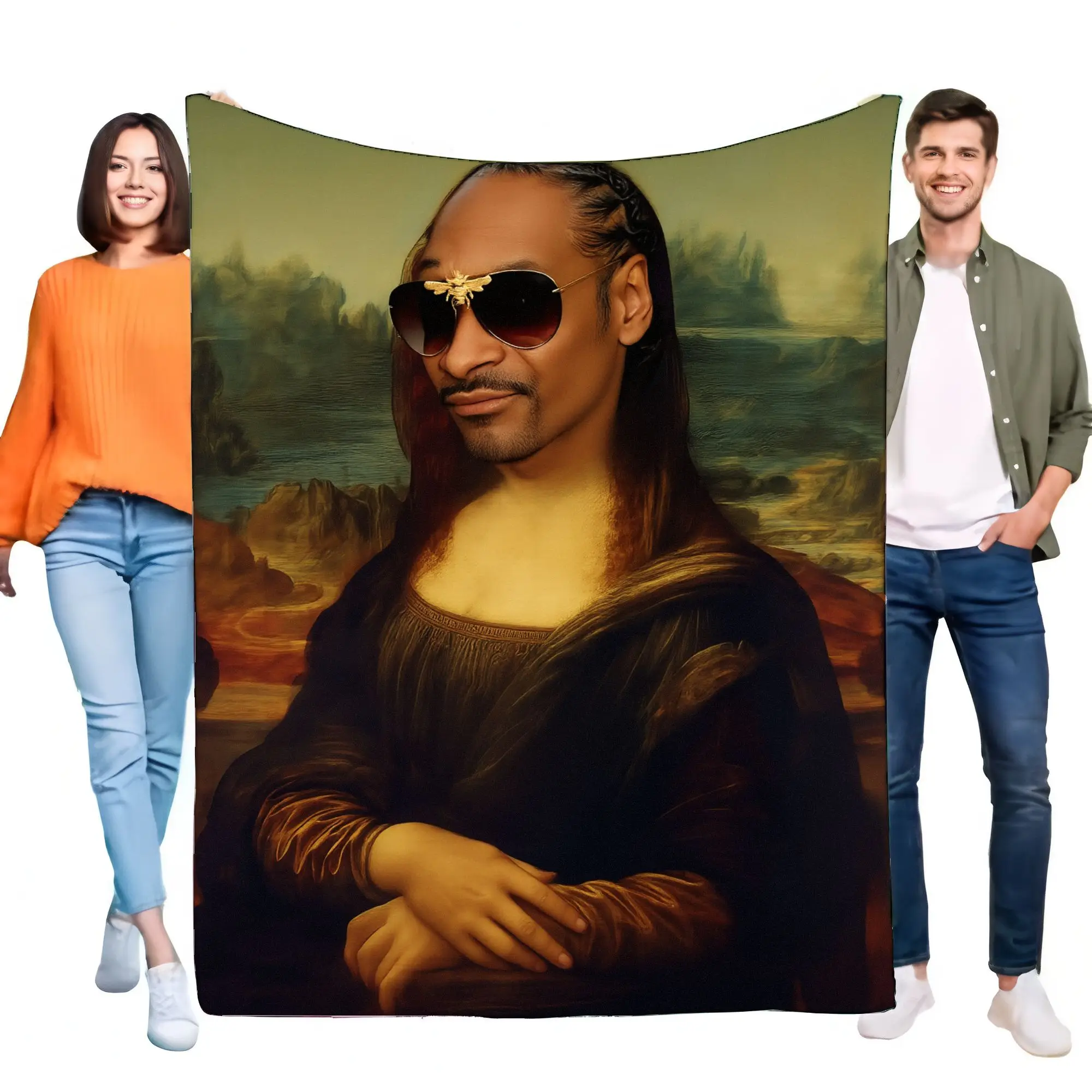 Engraçado snoop dogg mona lisa cobertor tapeçaria arte de parede única lance macio para decoração de casa, capa de sofá de cama aconchegante, presente perfeito para mus
