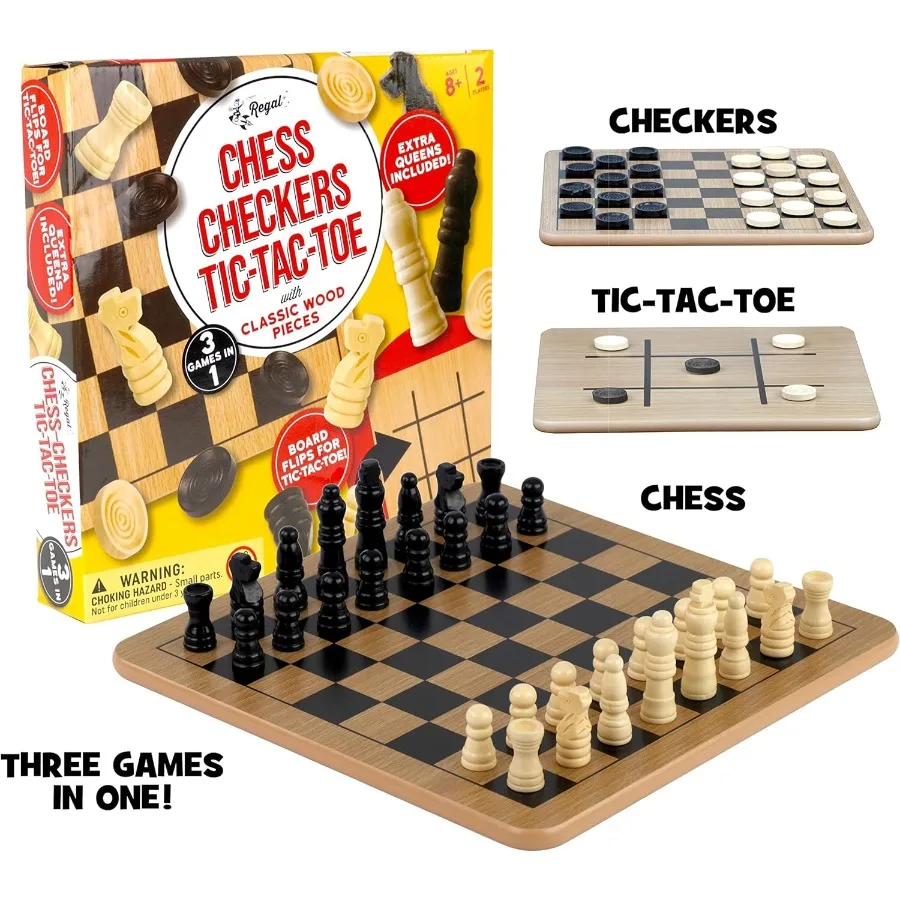 Reversible Wooden Board for Chess Checkers TicTacToe Includes 24 Interlocking Wooden Checkers and 32 Standard Chess Pieces Idea