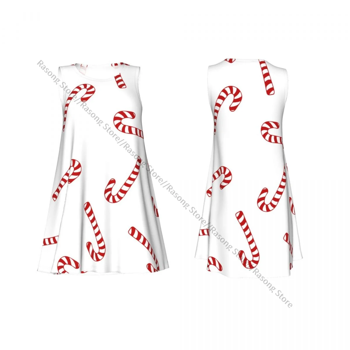 Women's Dress Christmas Pattern With Candy Cane Summer Casual T Shirt Beach Cover up Tank Dress