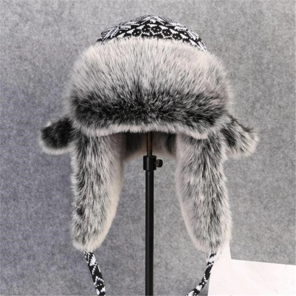 BUTTERMERE Russian Fur Hat Ushanka Black White Bomber Hats Male Female Ear Flaps Winter Thick Warm Knitting Outdoor Trapper Hat