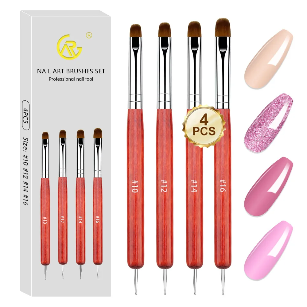 4PCS Double-ended Redwood French Nail Art Brushes Set - Gel Dotting & Builder Tools for Cuticle Clean Up Nail Art Design Boxed