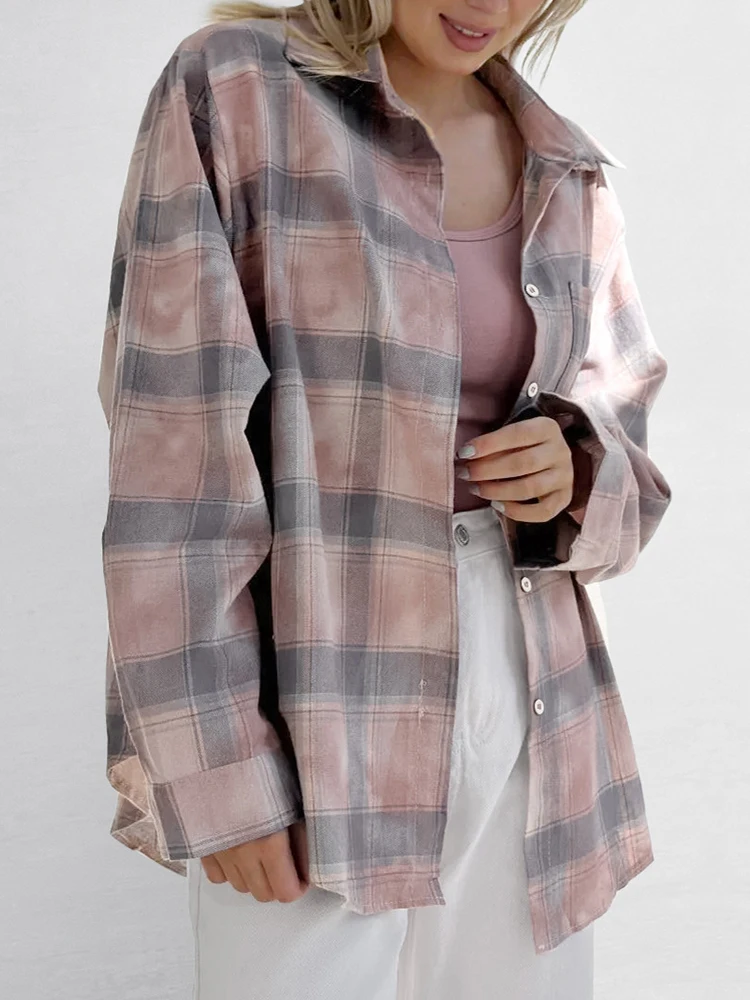 Aynaray 2024 Women Autumn Winter Long Sleeve Vintage Plaid Shirt Pink Oversized Loose Fit Blouse Female