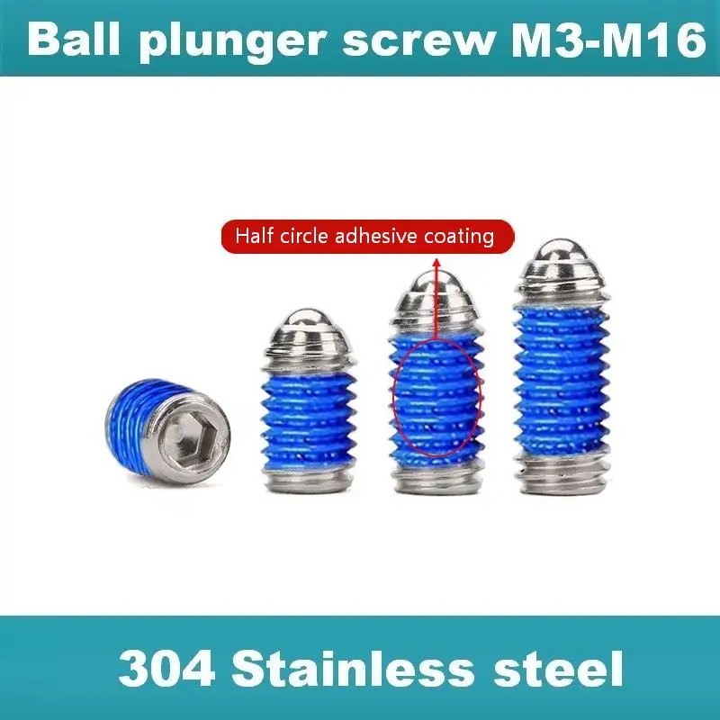 304 Stainless Steel Spring Ball Plunger Hex Socket Set Screw, Blue Nylon Patch Anti‑Loosening Grub Screw Positioning Bead M3‑M16