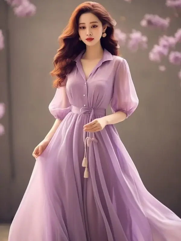 Gagarich Purple Bubble Sleeves Dress Summer Women Wear Slim French Style Gentle Fairy Wonderful Elegant Vestidos