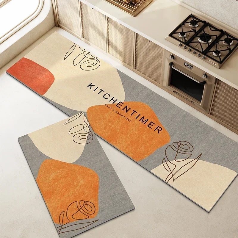 

Kitchen Waterproof Oil-proof Carpet Large Non-slip PVC Floor Mats Wash-free Easy-to-care Soft Foot Mat Modern Beige Lines Rug