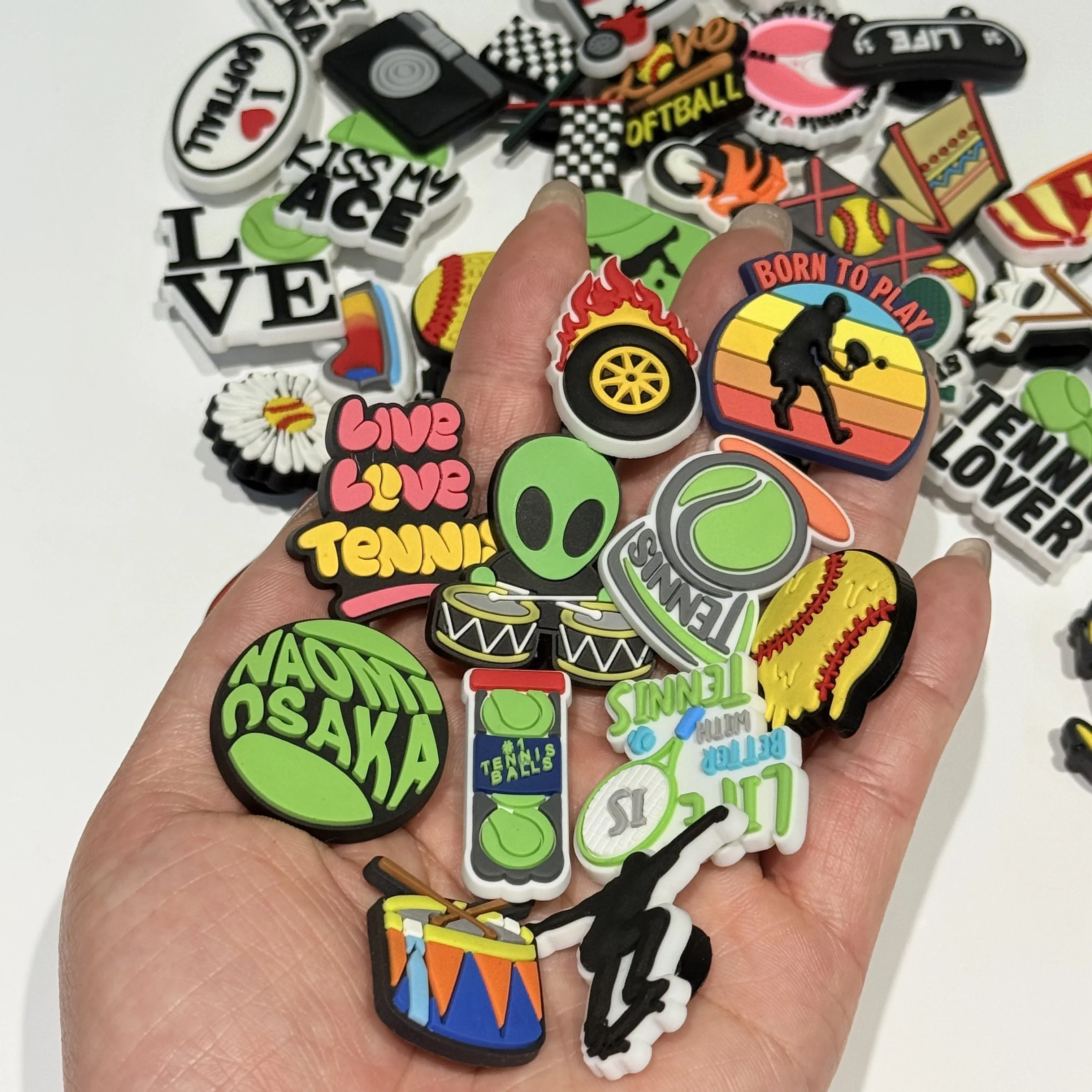 50-100Pcs Love Softball Tennis Skate Shoe Charms Mix Sports Boys Girls PVC Clog Buckle Ornaments DIY Wristband