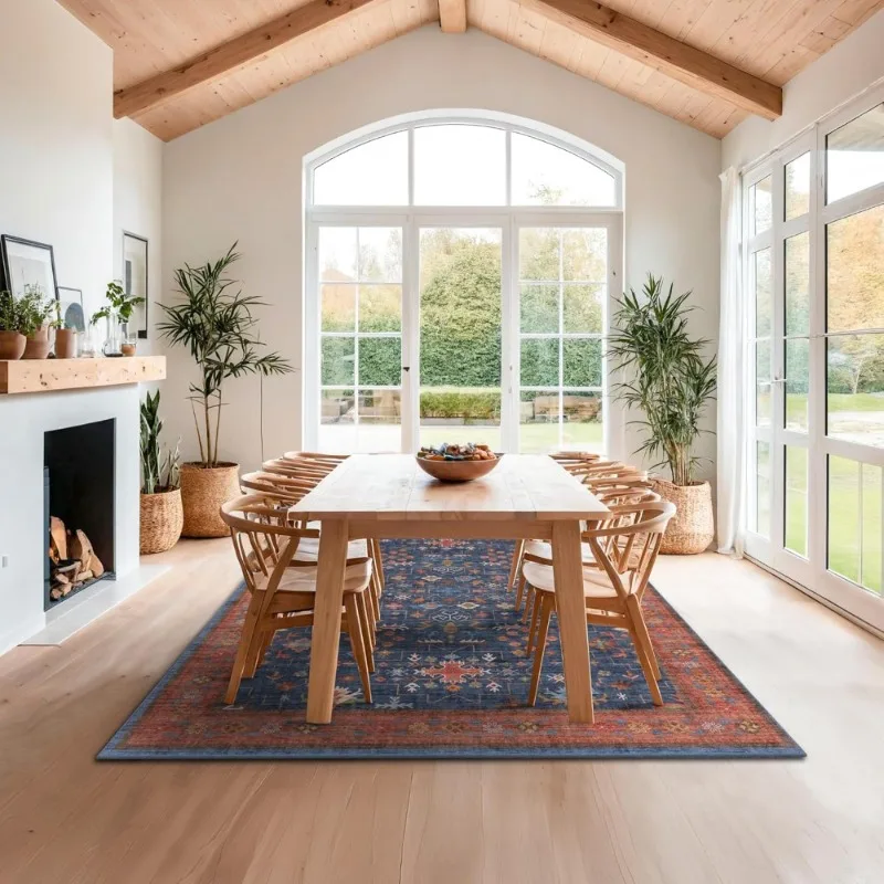 سجادة منطقة 8 × 10 قابلة للغسل باللون الأزرق الداكن، سجادة منخفضة الكومة غير قابلة للانزلاق من المطاط المقاوم للبقع، سجادة ديكور بوهو لغرفة المعيشة وغرفة النوم #3