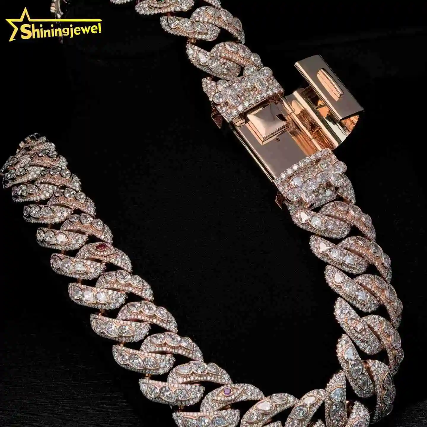 Custom New Design 925 Silver Rose Gold Moissanite Cuban Link Chain Floral Petal Design Iced Out Hip Hop Men Necklace Cuban Link，