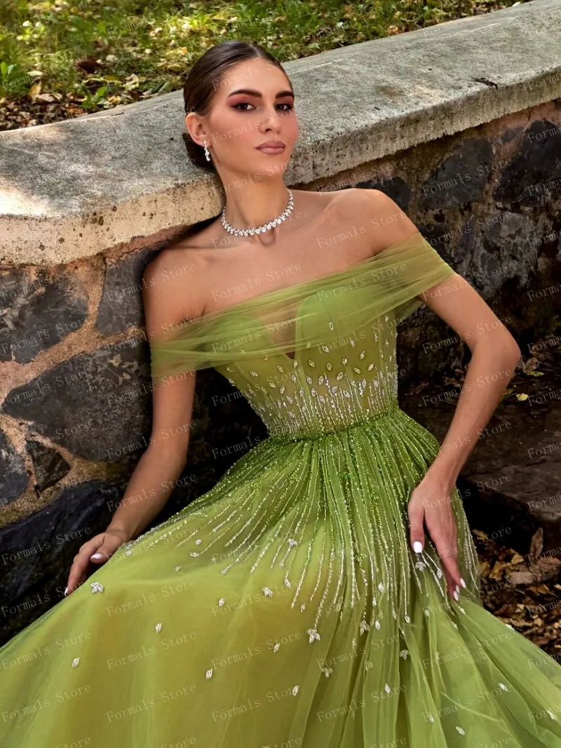 Vestido de noche verde sin hombros para mujer, ropa elegante de lujo con cuentas de cristales, longitud hasta el suelo, Tallas grandes