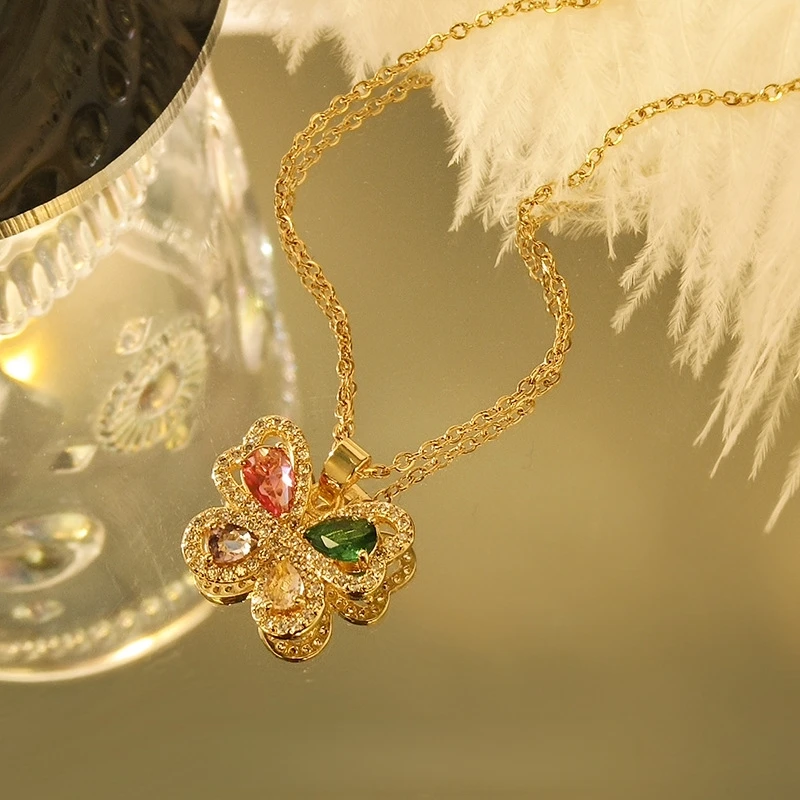 Fashionable High-End Color Zircon Butterfly Stainless Steel Necklace for Women Luxury Personality Match Copper Pendant Clavicle
