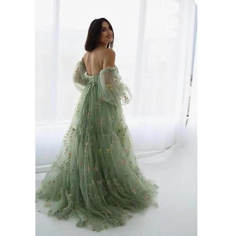 꽃 자수 Tulle 출산 드레스 Photoshoot Ruffles 푹신한 슬리브 긴 가운 베이비 샤워 vestidos para embarazadas