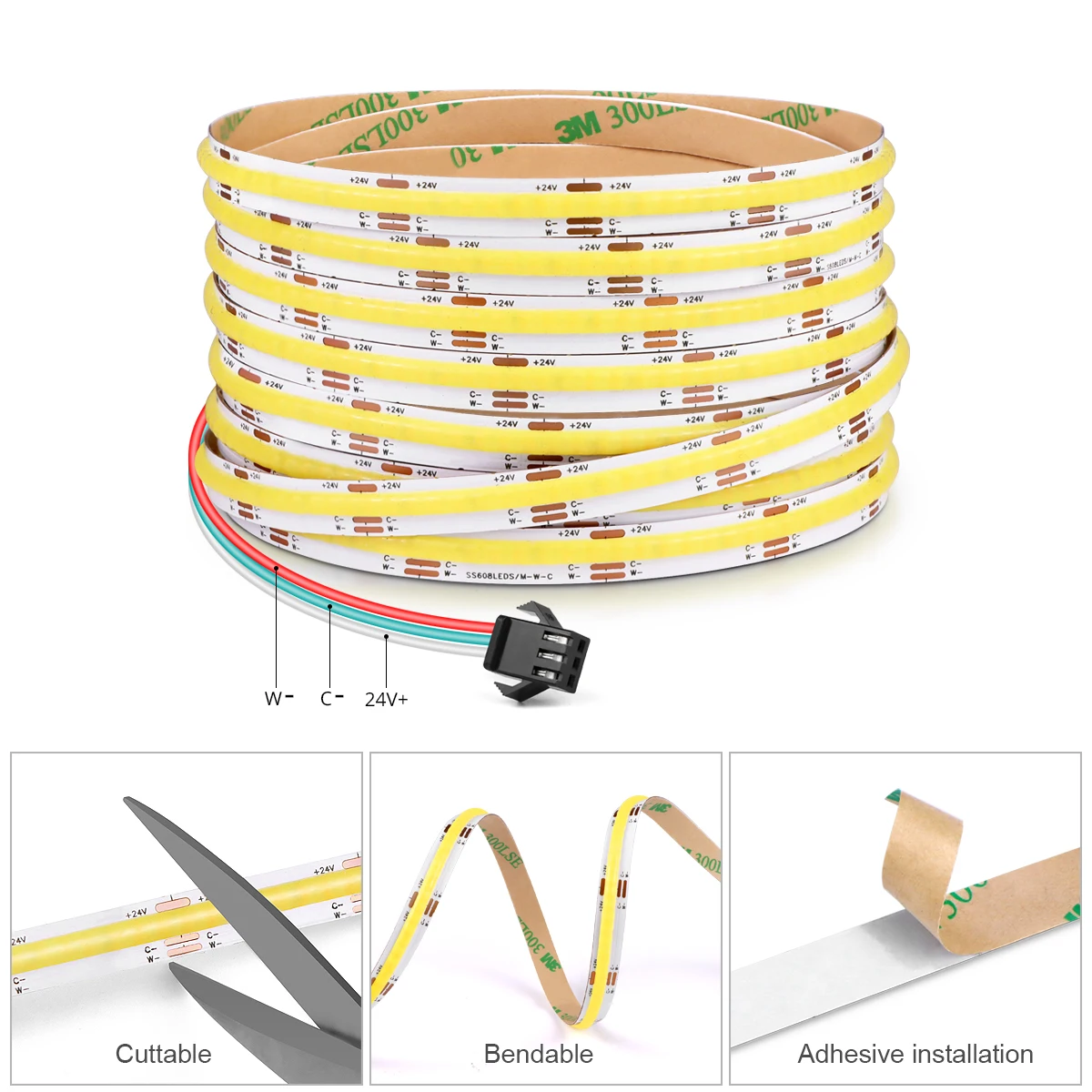 24V COB Vanity Mirror Lamp Tape 2700K to 6500K CCT Touch Sensor Swtich Dimmable LED Strip Light 608LEDs/m Mirror Backlight Decor