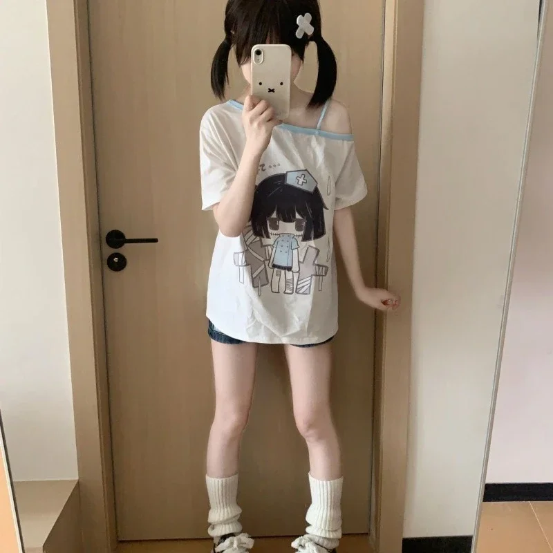 

Японская милая футболка с мультяшным принтом, женская повседневная свободная футболка в консервативном стиле, новые кавайные субкультуры, Harajuku, милая одежда для девочек, топы