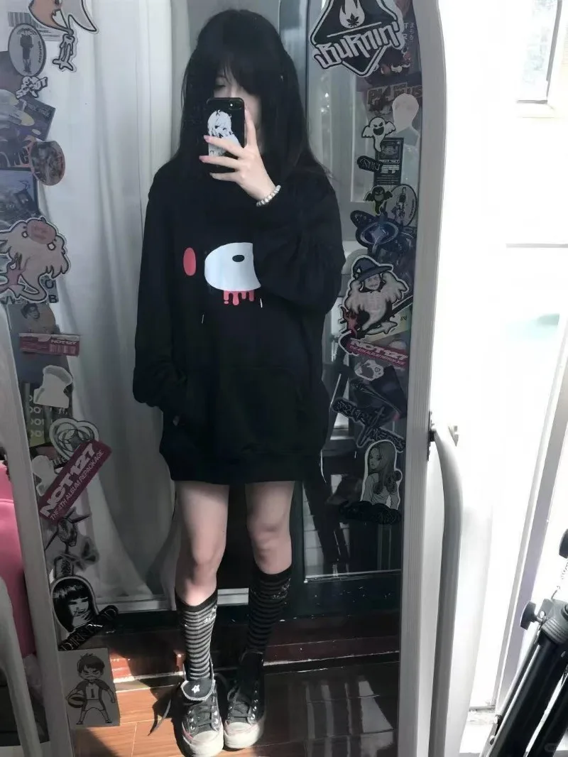 Cutecore Hoody Y2k Autumn Lazy Women Casaul Gothic Sweatshirt Japanese Cartoon Print High Street Hoodied Pink Black Punk Clothes