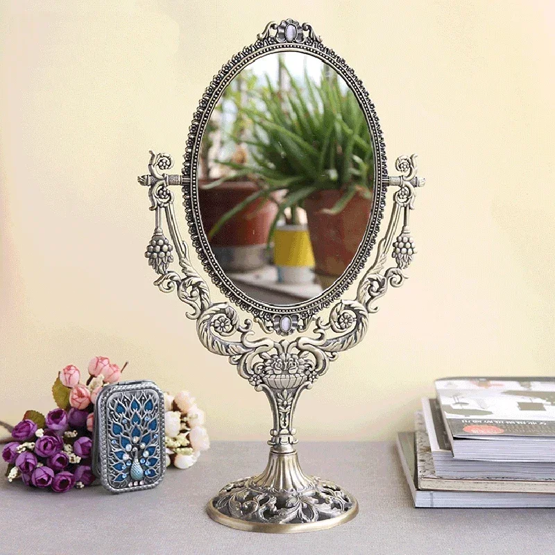 Vintage Metal Cosmetic Mirror European Grape Branch with Flowers Design Double Sided Table Decor Swing Princess Mirror Standing