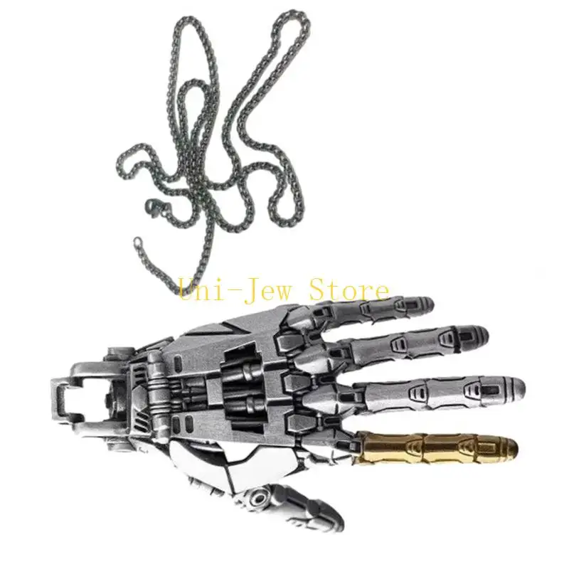 40GB Futuristic Bionic Arm Copper Necklace Movable Finger Joints Robot Hand Charm Handcrafted Jewelry Gift for Men Women