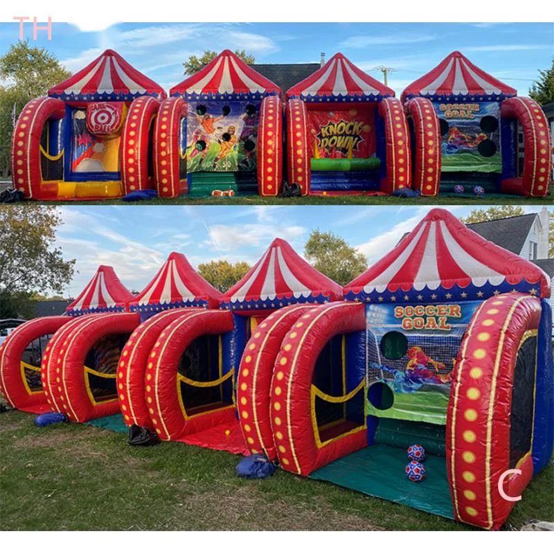 

outdoor activities 4 in 1 inflatable carnival games,2024 newest PVC soccer dart knock down carnival game combos for party