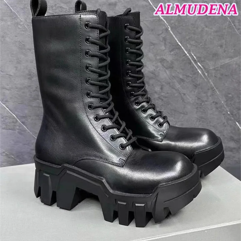 Platform Lack up Cool Motorcycle Boots Black Real Leather Thick Sole Mid Calf Boot Women Winter Luxury Designer Comfy Shoes