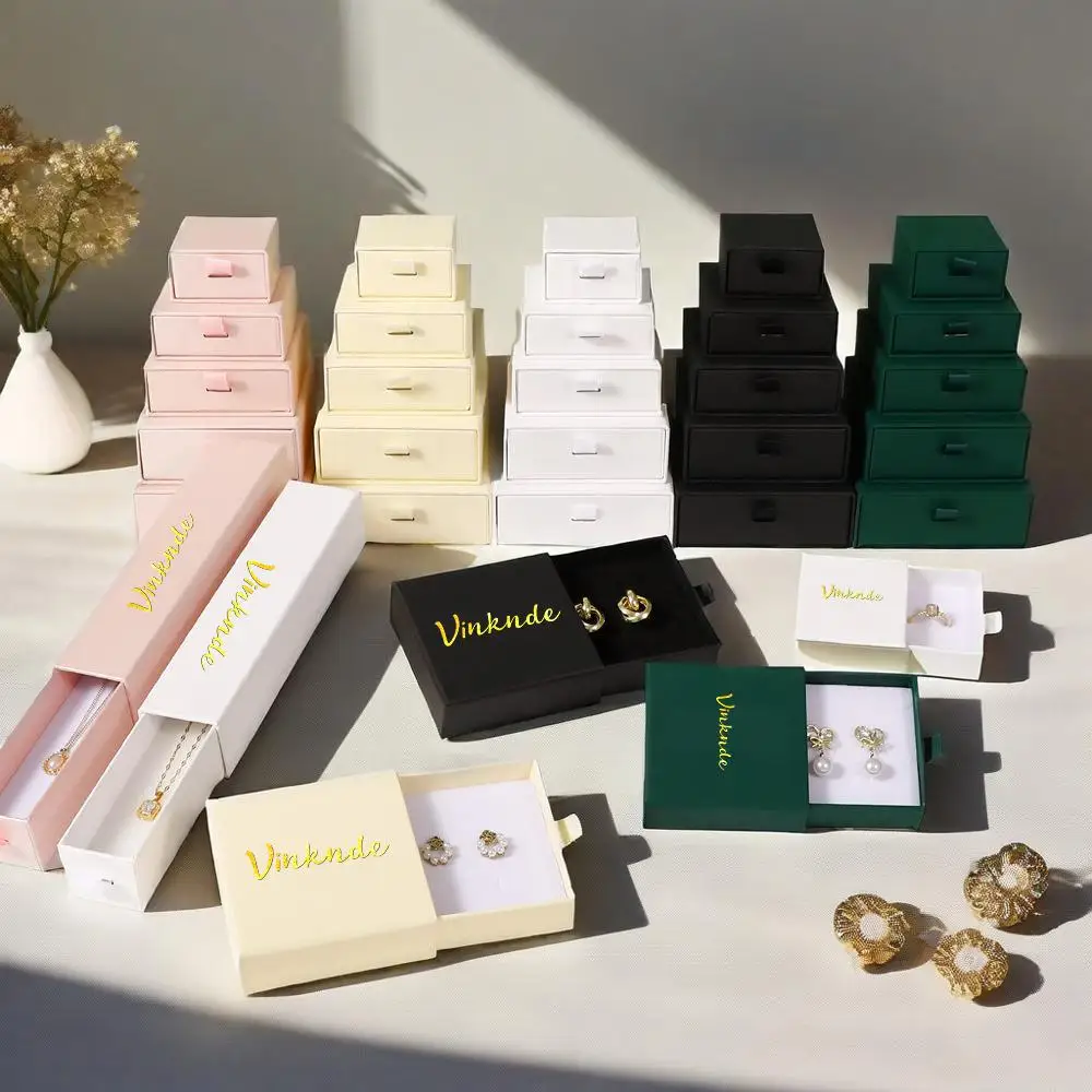 

8x8x3cm Luxury Beige Paper Gift Drawer Box for Necklace Bracelet Earring Ring Storage Travel Organizer Packaging Jewelry Boxes