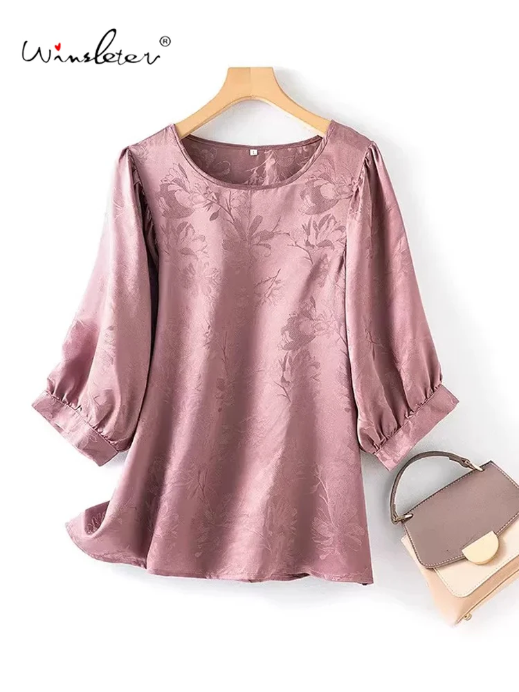 

Winsleter-100%Real Silk Elegant Shirt, 3/4 Sleeve Jacquard Hua Luo, Women Fashion Commute Loose Blouse, 2026 Summer New T64502CC