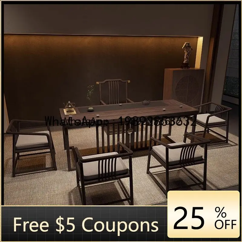 Z3Black Gold Solid Wood Tea Table  One Table Five Chairs  Tea  Complete Set Integrated Home New Chinese Style Tea Table