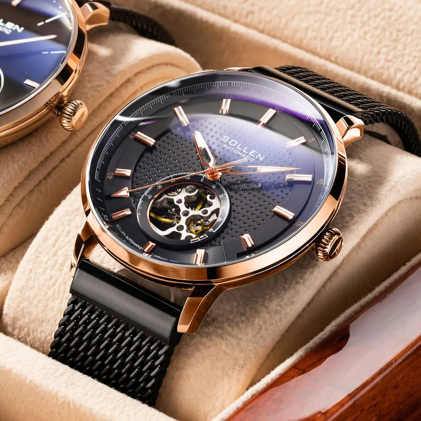 ساعة SOLLEN للرجال ميكانيكية أوتوماتيكية بالكامل مقاومة للماء وإضاءة ليلية على الطراز السويسري ساعة ريفية للطلاب هدية لصديقك