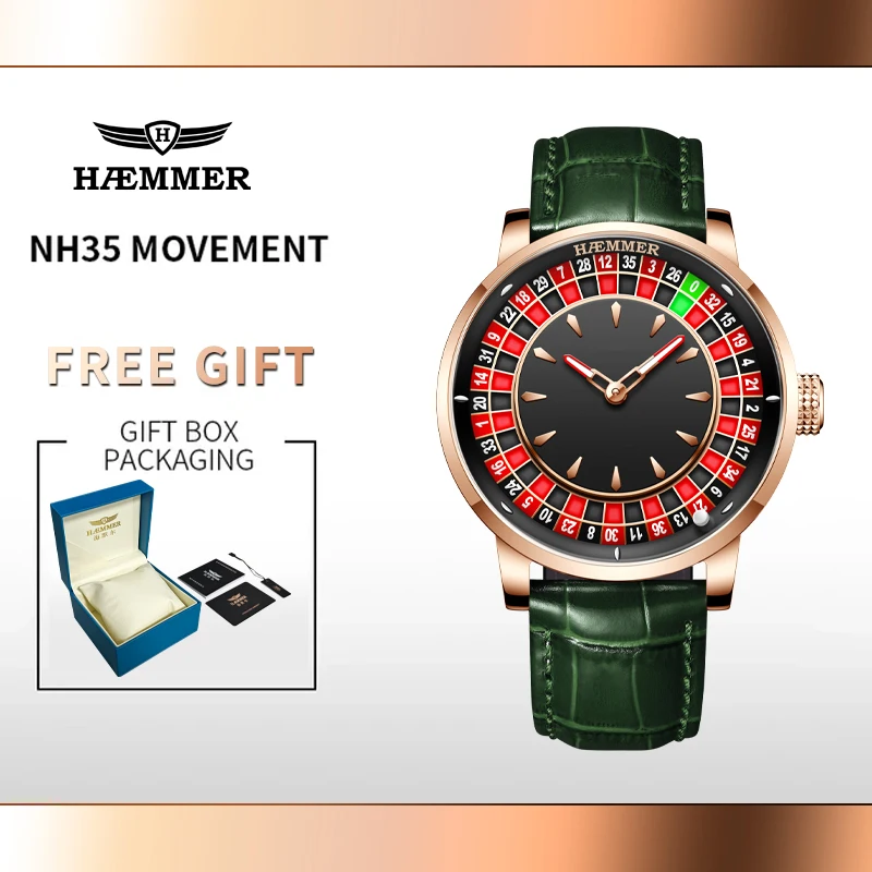 ساعة Haemmer Fashion Mechanical Watch NH35 Roulette Theme للرجال الماسية المتوهجة 50 مترًا مقاومة للماء