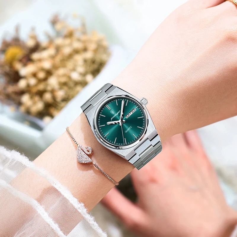 POEDAGAR 여성용 럭셔리 시계, 우아한 쿼츠 시계, 스테인레스 스틸, 방수 발광 날짜, 주간, 여성용 시계