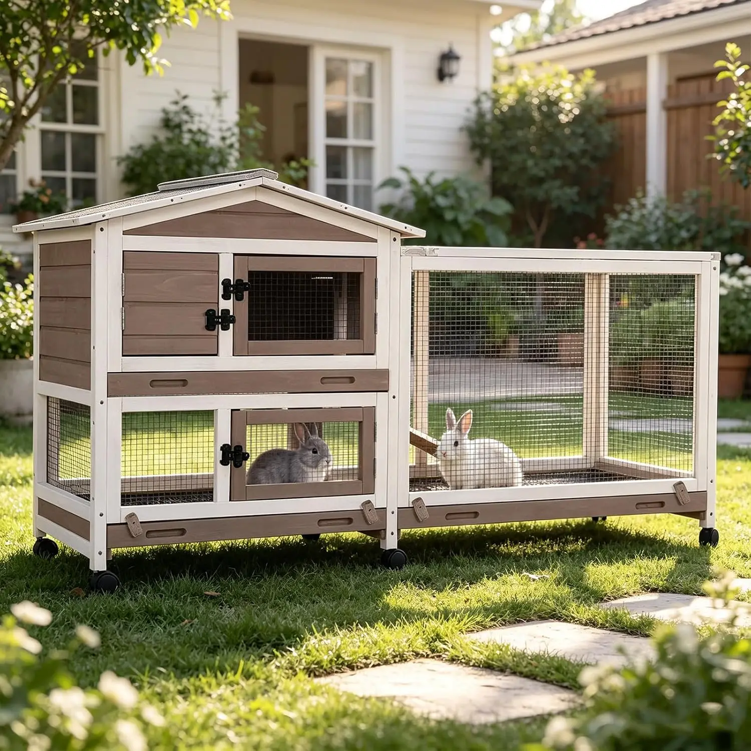 Rabbit Hutch Bunny Cage Indoor and Outdoor Pet House with Casters Waterproof Roof, Pull Out Tray from Back and Front