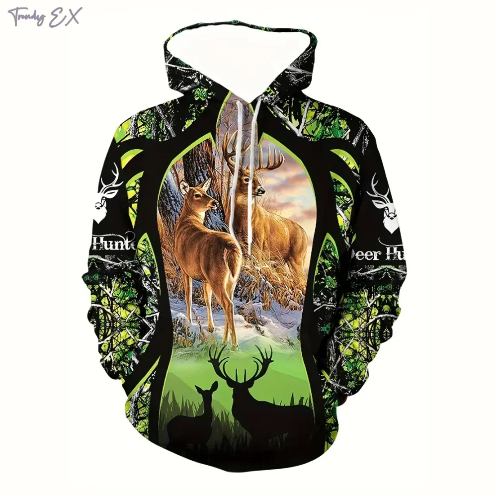 

New Men's Sweatshirt Wild 3D Antler Print Y2k Clothes Men Harajuku Street Kangaroo Pocket Long Sleeve Blouse Sweatshirt Clothes