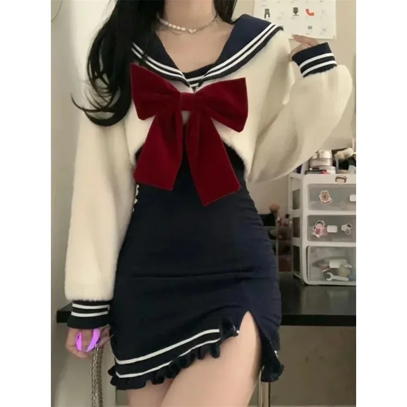 Xgoth Preppy Navy Collar Bow Knot Dress Suit Long-sleeved Jumper   Dark Blue Halter Dress Female Spring Autumn 2023 New Cute Set