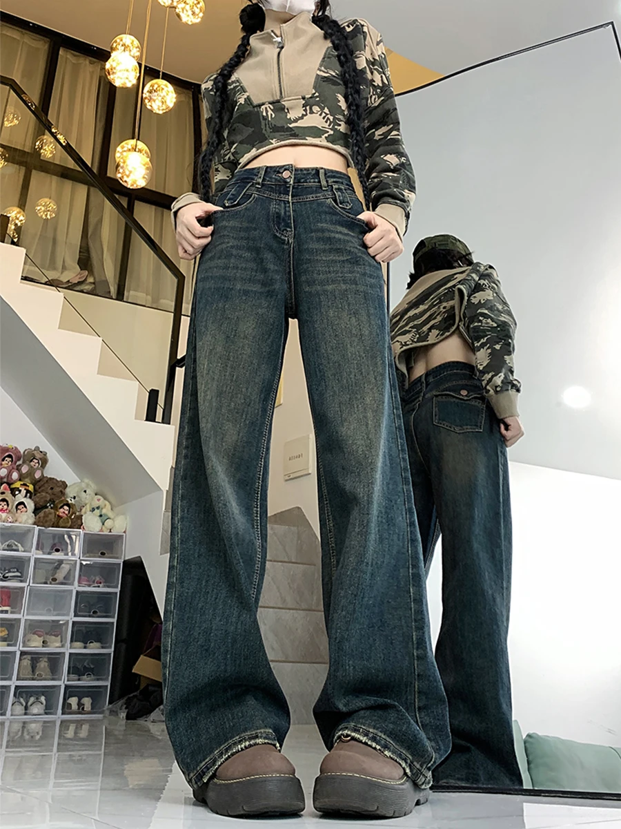 

Chic Design Streetwear Gradient Hip Hop Y2K Denim Wide Leg Trouser Womens Jeans High Waist Vintage Straight Baggy Pants E77