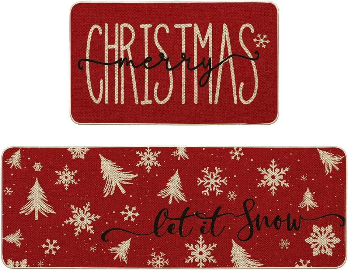 Artoid Mode Xmas Trees Snowflake Let It Snow Merry Christmas Kitchen Mats Set of 2, Winter Decor Low-Profile Kitchen Rugs - 17x2